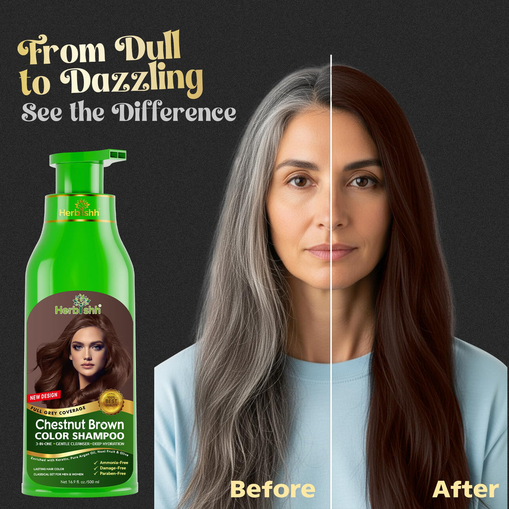 Herbishh After Color Shampoo Combo, 1 Hair Color Shampoo Hair Dye 500ml Argan Oil + 30ml Pro Keratin + 150 ml Argan Hair Mask, Hair Straightening, Shine And Protection, Men And Women (Chestnut Brown)
