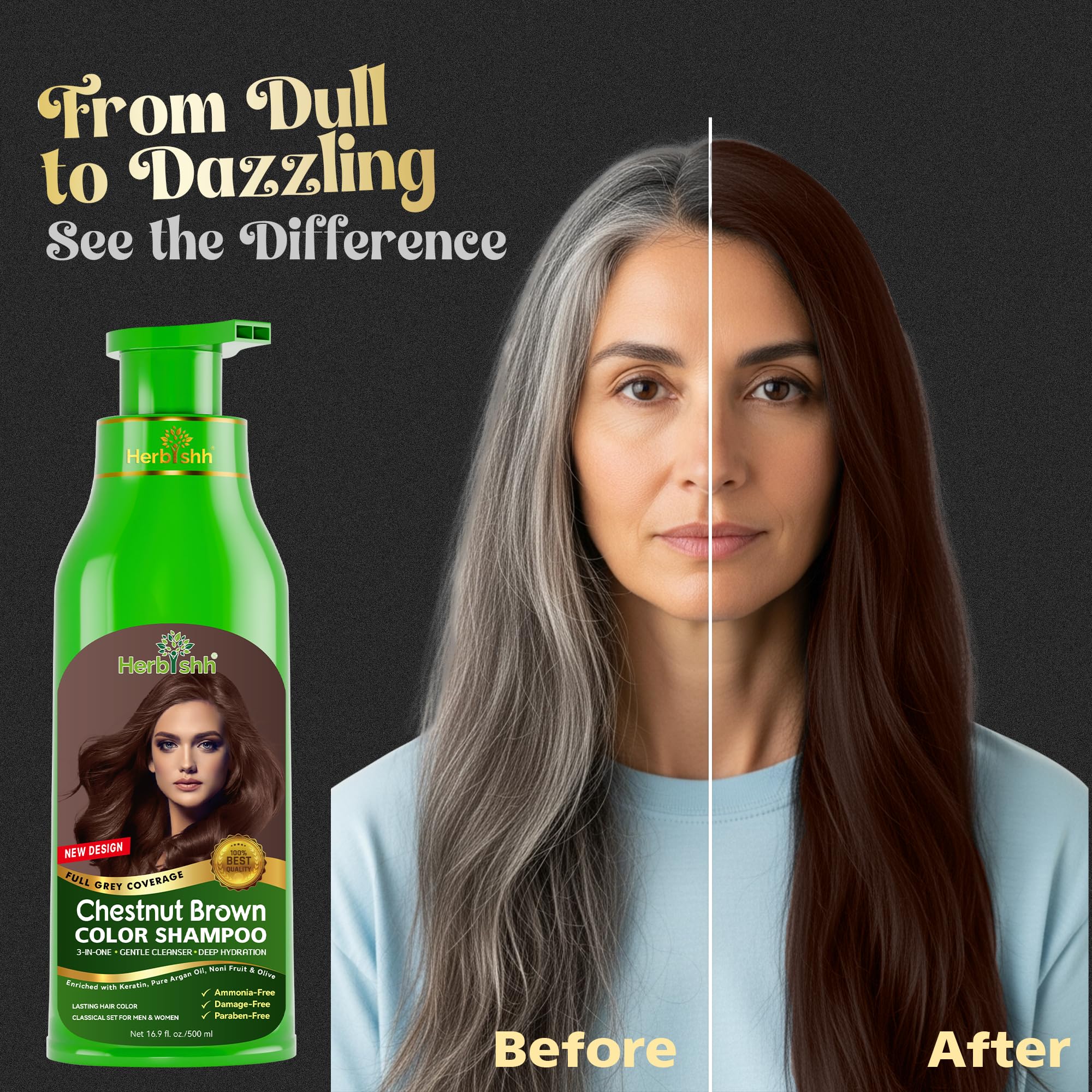 Herbishh After Color Shampoo Combo, 1 Hair Color Shampoo Hair Dye 500ml Argan Oil + 30ml Pro Keratin + 150 ml Argan Hair Mask, Hair Straightening, Shine And Protection, Men And Women (Chestnut Brown)