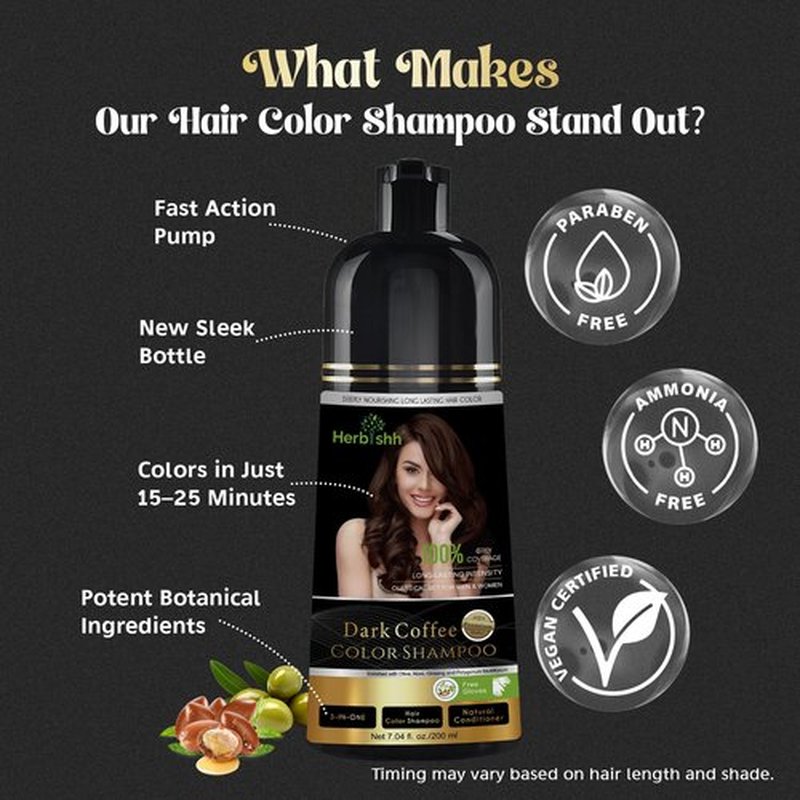 Herbishh Dark Coffee Shampoo, Hair Dye Shampoo 3 in 1, 100% Grey Coverage, Demi-Permanent Hair Color for Men & Women, Long-lasting Color in 20-25 Mins, Ammonia-free, 200 ml