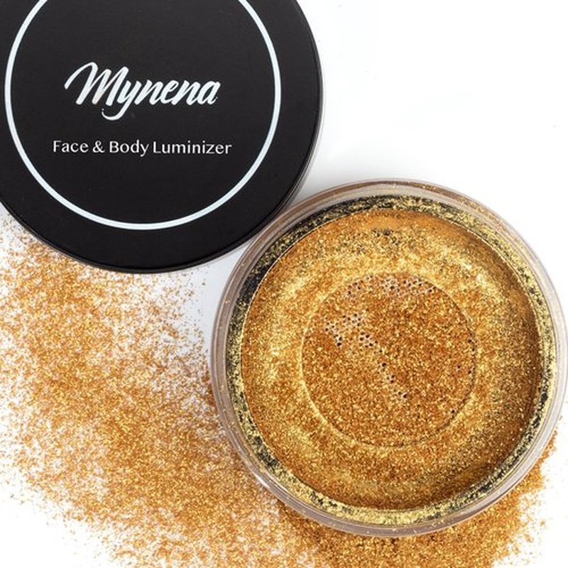 Mynena Golden Face Highlighter & Body Shimmer Powder | Ultra-Fine Buildable Loose Powder for Wet or Dry Application | Gold