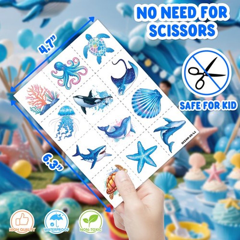 48PCS Ocean Party Favors - 24PCS Temporary Tattoos & 24PCS Stick Hands Party - Perfect Birthday Party Supplies, Goodie Bag Stuffers, Treasure Box Toys, Classroom Prizes, and Student Gifts
