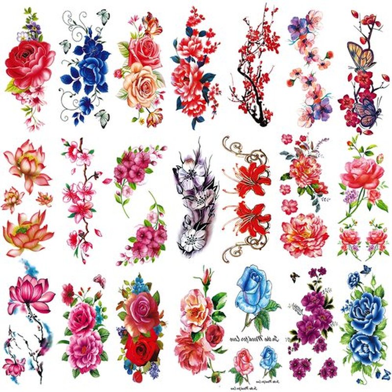 21-Sheet Floral Temporary Tattoos - Bright 3D Peony & Rose Designs - Waterproof Body Art for Women & Girls - Sexy Fake Tattoo Stickers