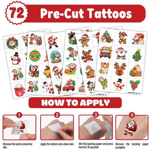 Cherisnowy Christmas Party Set (144PCS) | 72 Temporary Tattoos & 72 Slap Bracelets | Fantasy Merry Xmas Party Favors, Stocking Stuffers, Classroom Gifts & Holiday Decorations for Kids