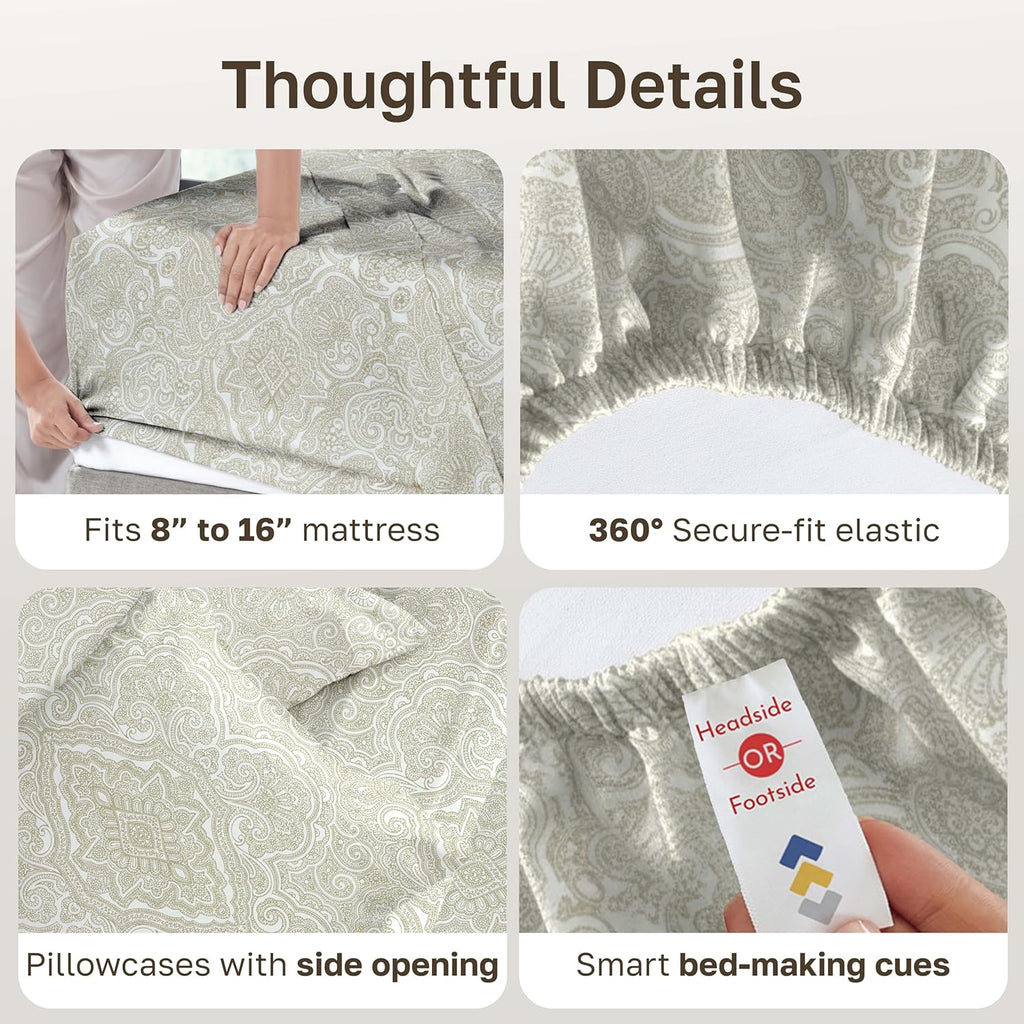 California Design Den King Size Cotton Sheets Set - 100% Soft Cotton, 400 TC, Award-Winning Sateen Finish, Deep Pockets - Paisley Beige