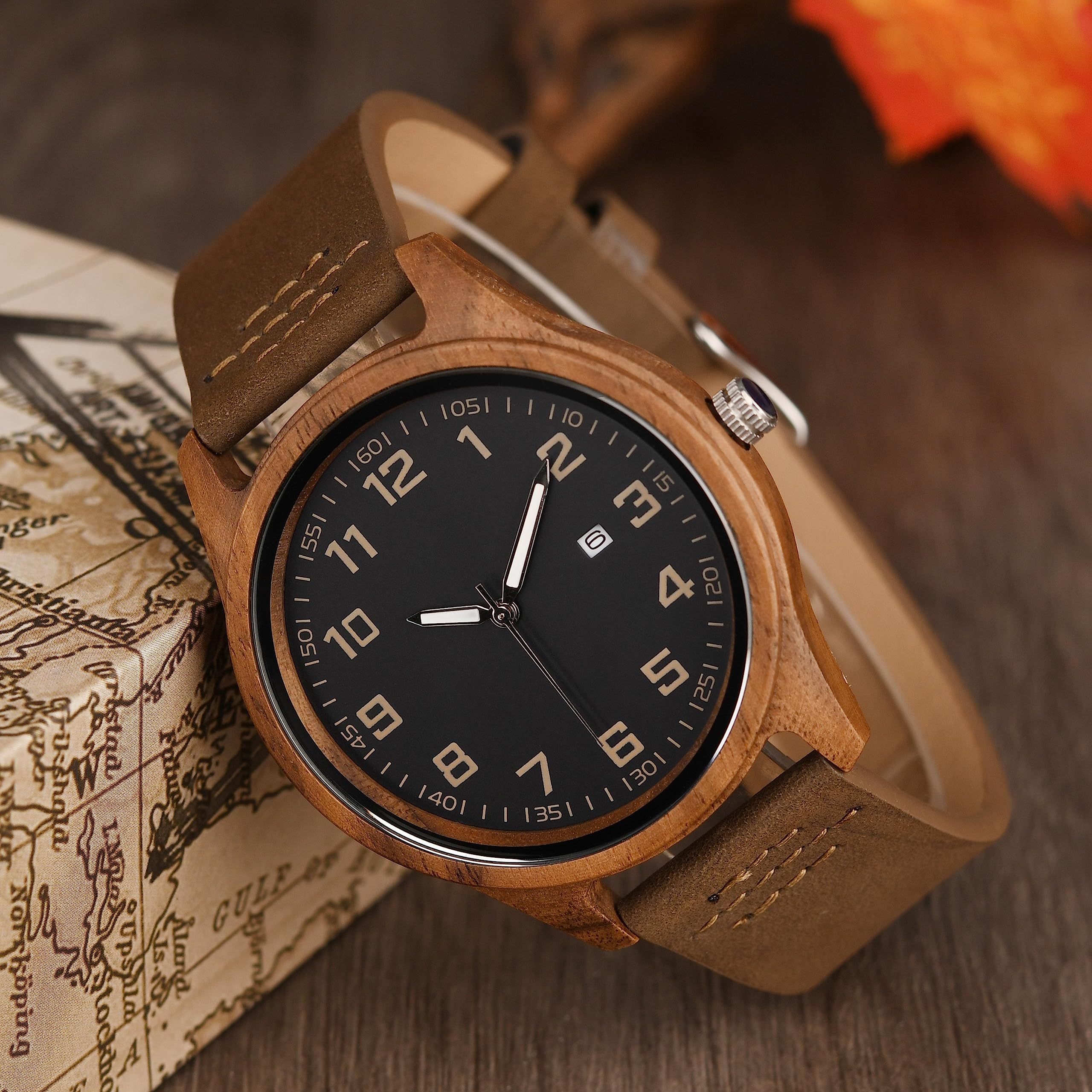 LMWOOD Engraved Wood Watch for Men Walnut Leather Strap Anniversary Birthday Personalized Watch for Husband Dad Son