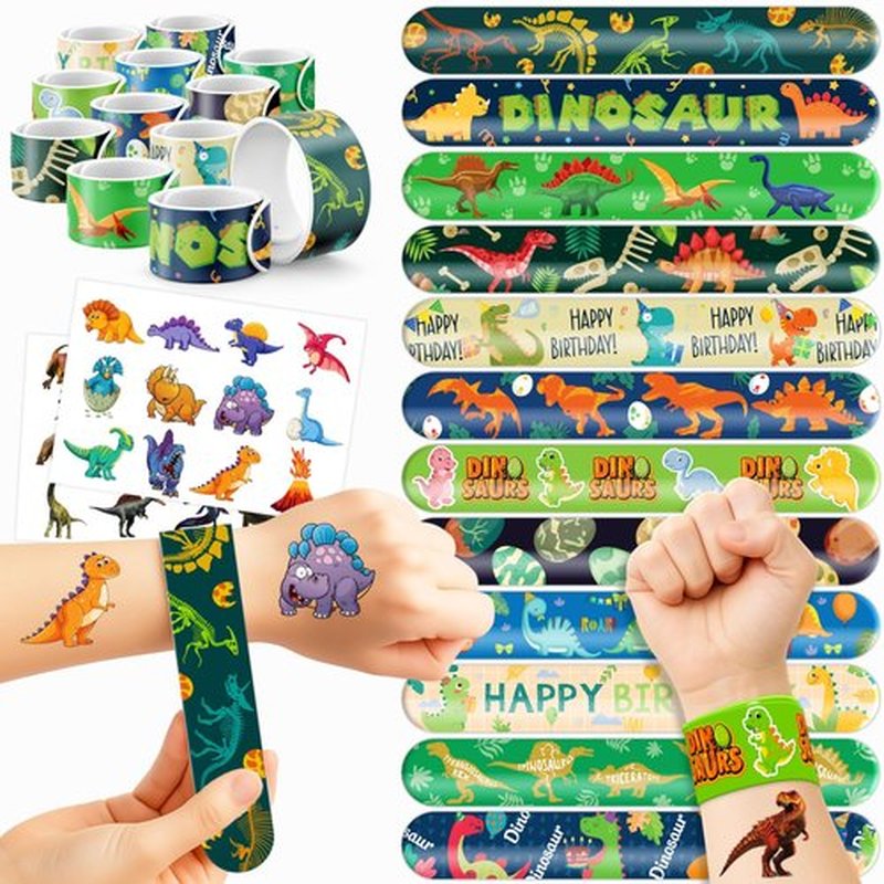 Cherisnowy 48 PCS Dinosaur Party Favors 24PCS Tattoos 24PCS Slap Bracelets Wristbands Perfect for Dino Themed Birthday Baby Showers or Classroom Rewards Ideal Decor and Gifts for Girls and Boys