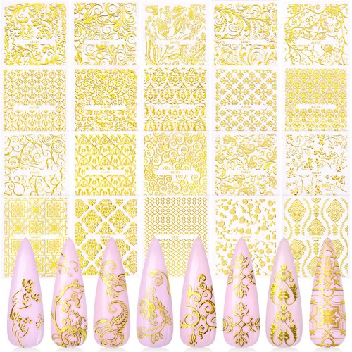 KISSBUTY Metallic Flowers & Vine Nail Decals - 20 Sheets 3D Flower Lace Adhesive Stickers - Gold Floral Nail Decor