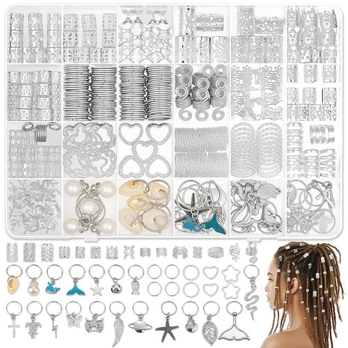 323 Pcs Silver Hair Jewelry for Braids, Dreadlocks, Twists and Locs, Adjustable Cuffs Rings and Charms Beads Accessories for Women Men, Perfect for Parties, Weddings, Festivals and Daily Wear