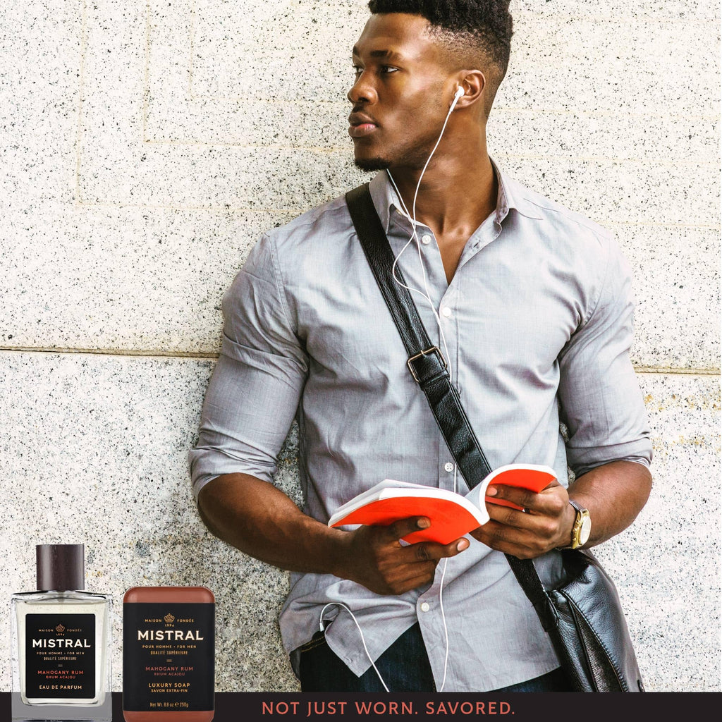 Mistral Mahogany Rum Men's Gift Set | Eau de Parfum 3.3oz Cologne Spray & 8.8oz Triple Milled Soap | Rum, Amber, Spice & Caramelized Woods Scent | Premium Men's Grooming Gift Set - Made in France