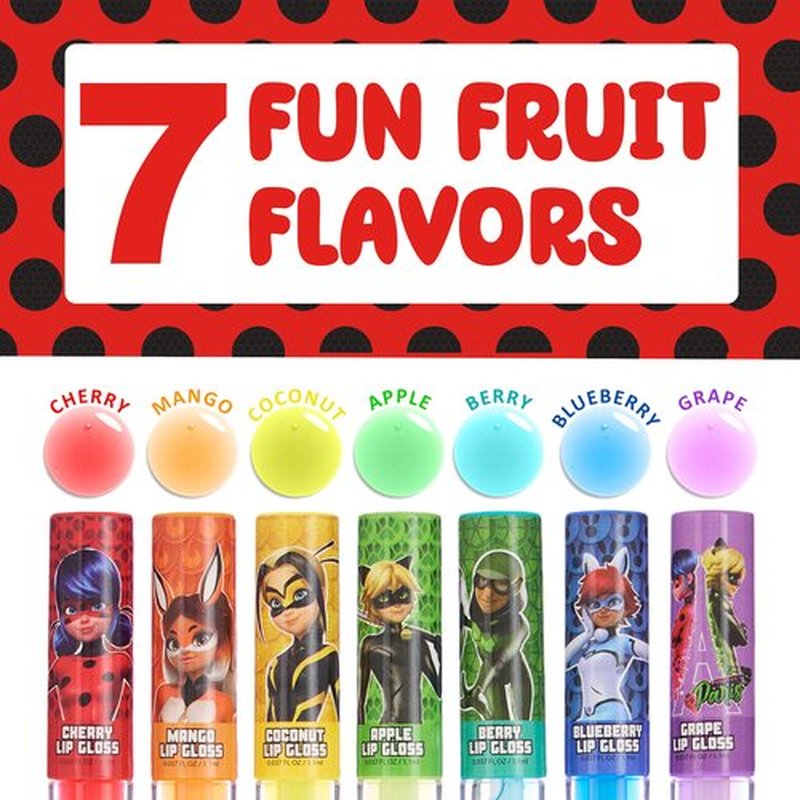 Miraculous 7pc Lip Gloss Set - Zag Heroez Lipgloss Collection Featuring Exciting Fruit Flavors & Precision Applicator Lip Gloss Tubes With Wand