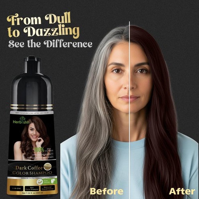 Herbishh Dark Coffee Shampoo, Hair Dye Shampoo 3 in 1, 100% Grey Coverage, Demi-Permanent Hair Color for Men & Women, Long-lasting Color in 20-25 Mins, Ammonia-free, 200 ml