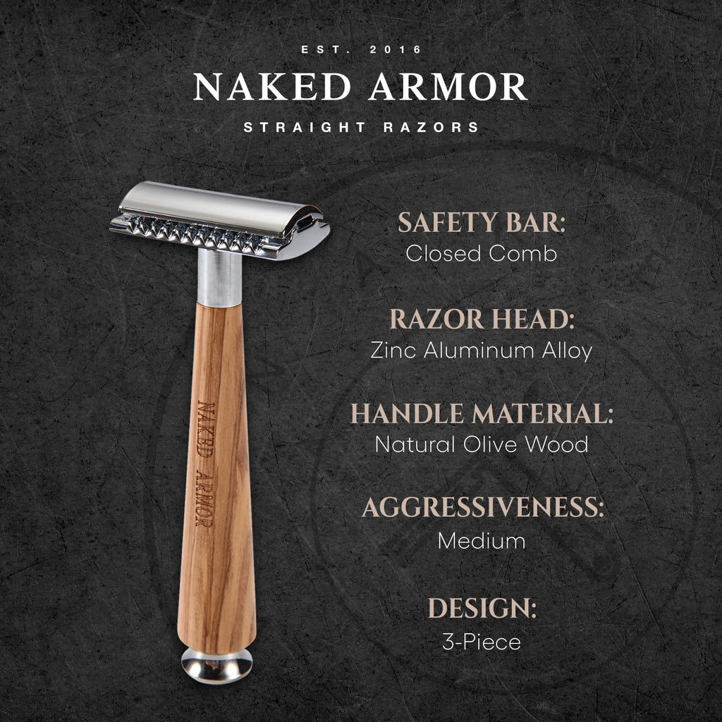 Complete Safety Razor Kit - Includes Olive Wood Safety Razor, Closed Comb Double Edge Razor, Safety Razor Stand, Olive Wood Shaving Brush, Organic Soap, Shaving Bowl, Shaving Kit For Men, Great Gift