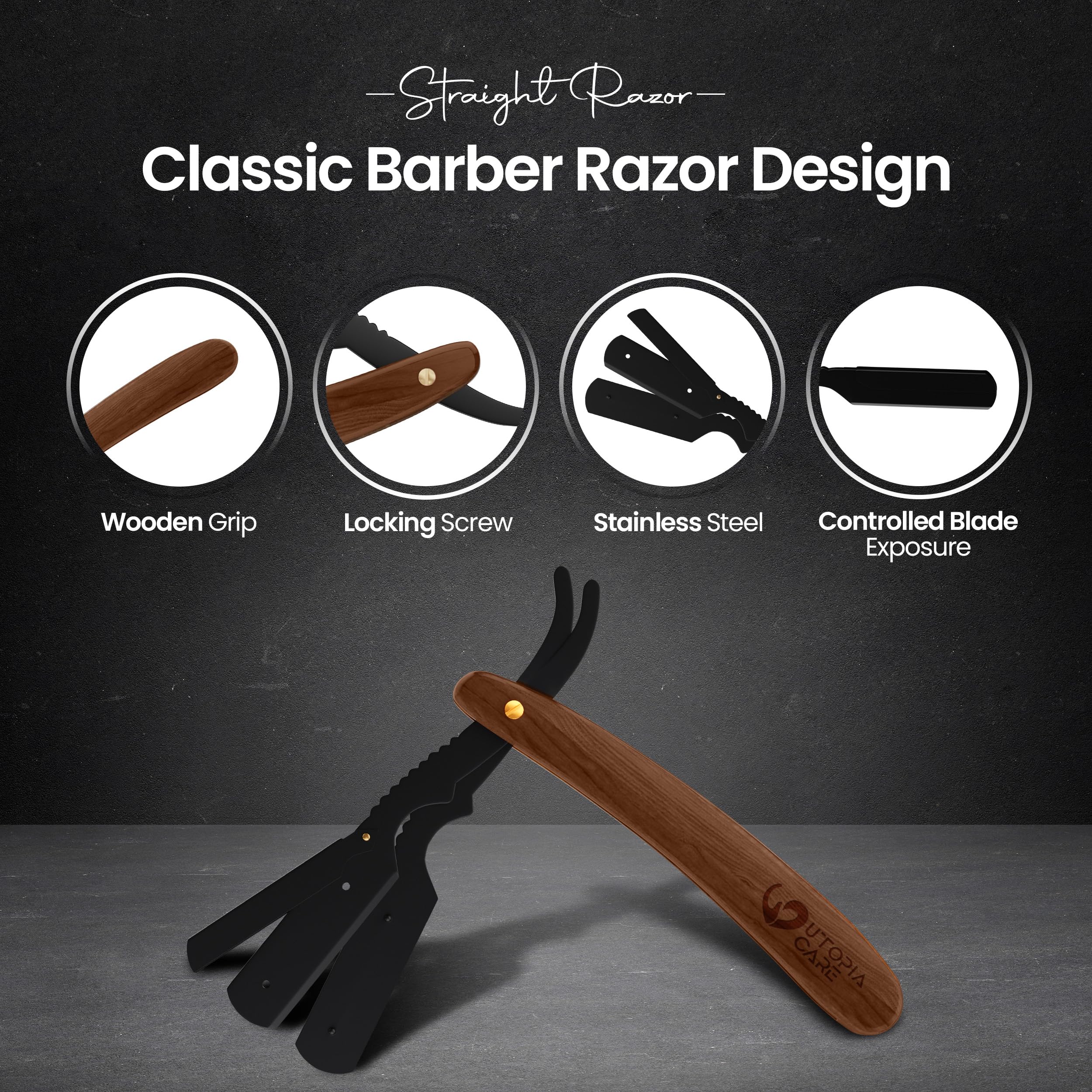 Utopia Care Straight Razors For Men, Professional Barber Straight Edge Razor with 100 Single Edge Blades, Stainless Steel, Beard Shaving Kit For Men, Premium Smooth Wooden Grip, Dark Brown