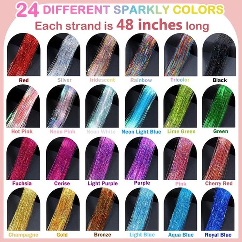 Revahope 8400 STRANDS Hair Tinsel Kit for Girls, 24 Colors 48 Inches Fairy Hair Tinsel Kit Heat Resistance Colorful Glitter Hair Extensions with Tools for Party Concert