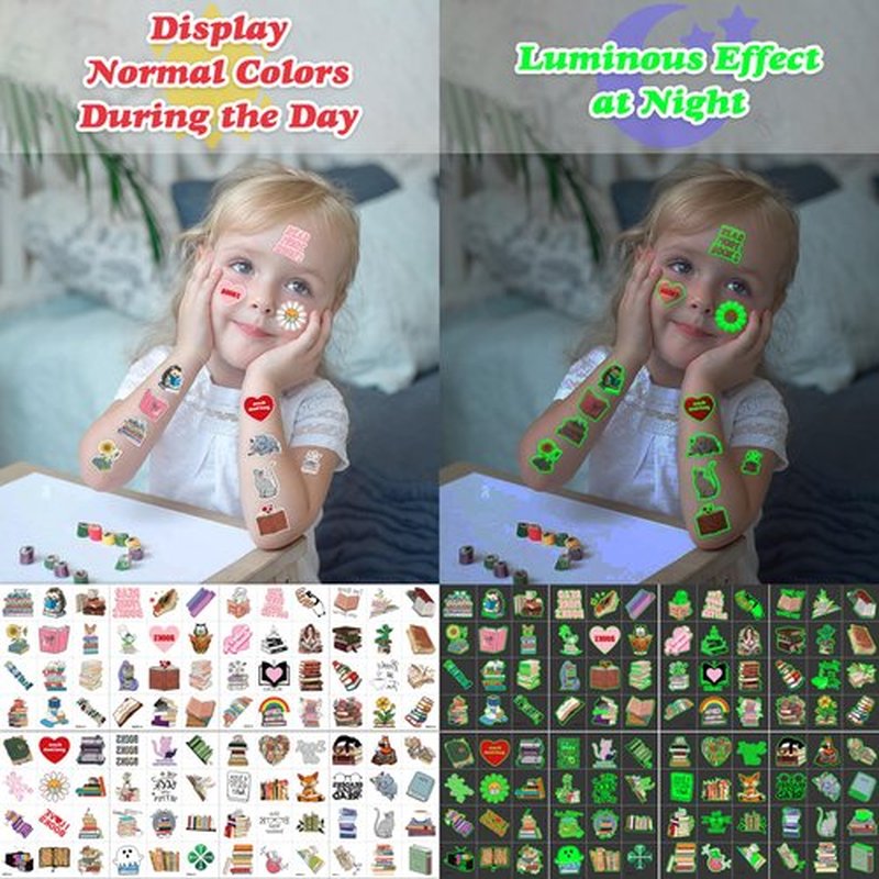 96 PCS Reading Book Library Glow In The Dark Pre-Cut Temporary Tattoos Sticker Booklish Nerd Birthday Party Decorations Favors Supplies Gifts Boys Girls Teachers Tattoo School Reward Themed Luminous