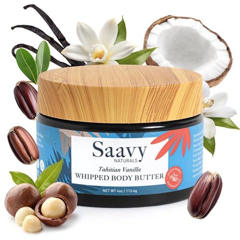 Saavy Naturals Whipped Body Butter - Made with Organic Shea Butter, Essential Body Care & Dry Skin Moisturizer for Women, Velvety Rich Cream Texture, Naturally Scented - Tahitian Vanilla, 4 oz