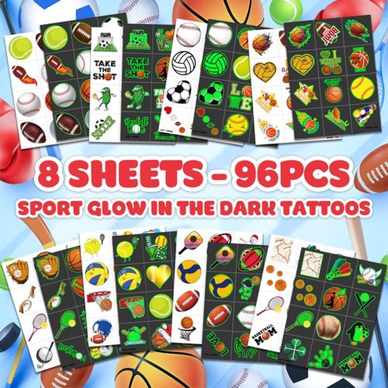 96 PCS Sports Ball Pre-Cut Temporary Tattoos Themed Birthday Party Decorations Favors Supplies Decor Basketball Football Baseball Soccer Tattoo Stickers Gifts For Boys Girls Class Prizes (Luminous)
