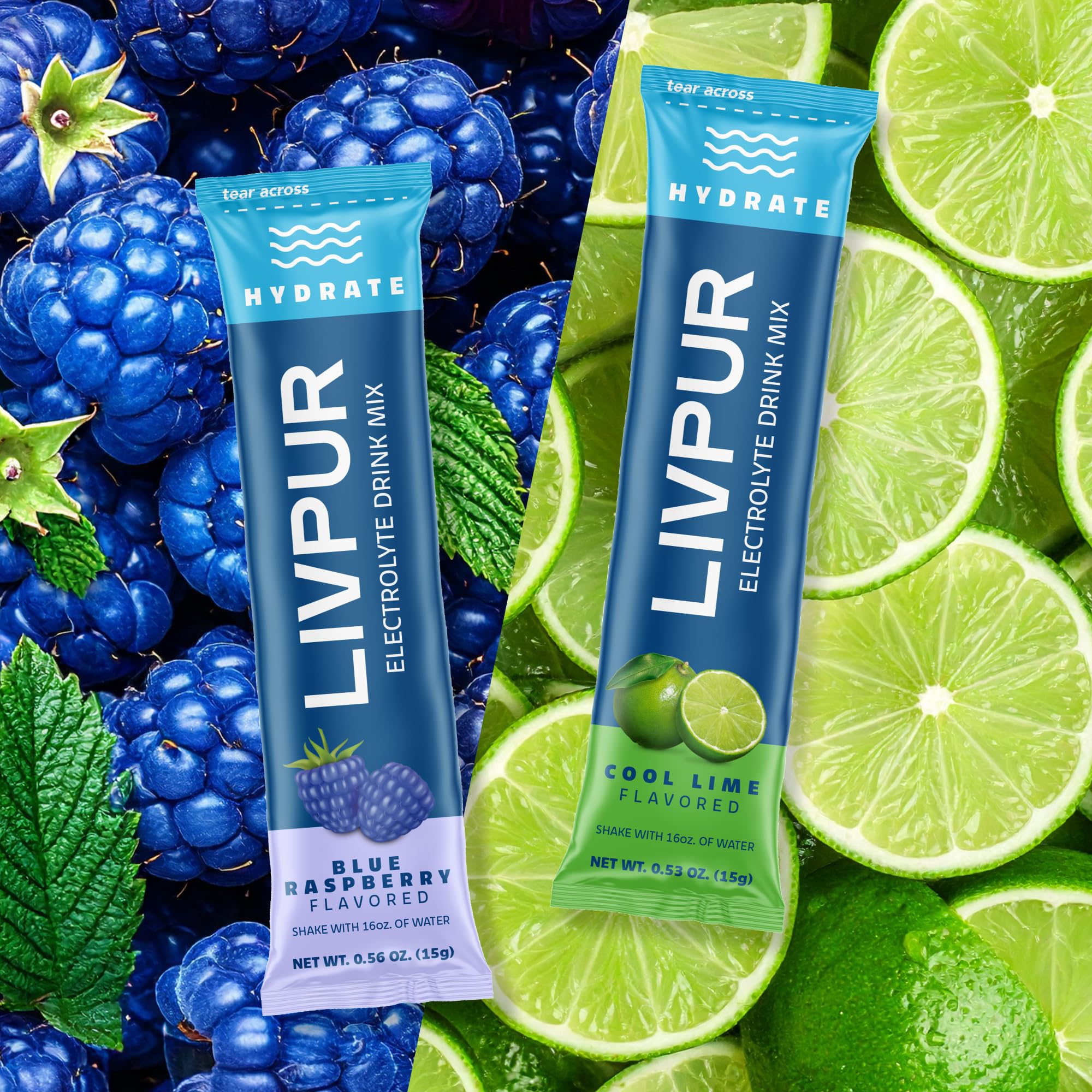 LIVPUR Electrolyte Hydration Powder, Cool Lime & Blue Raspberry, 16 Sticks