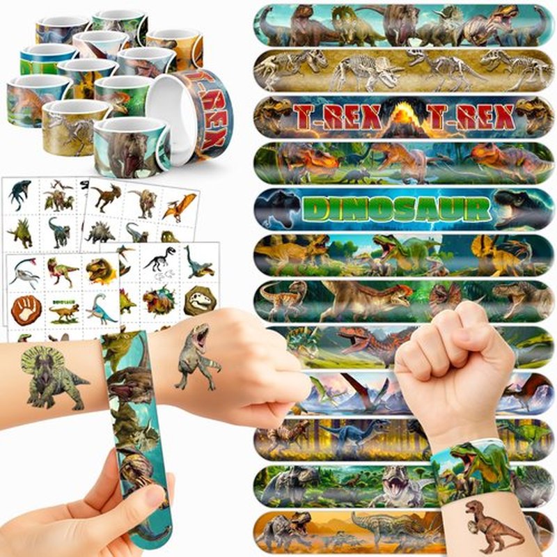 Cherisnowy 72 PCS Dinosaur 3D Party Favors - 48 Temporary Pre-Cut Tattoos & 24 Slap Bracelets - Party Favors for Boys & Girls, Birthday Goodie Bag Fillers, Baby Shower Gifts, Classroom Rewards