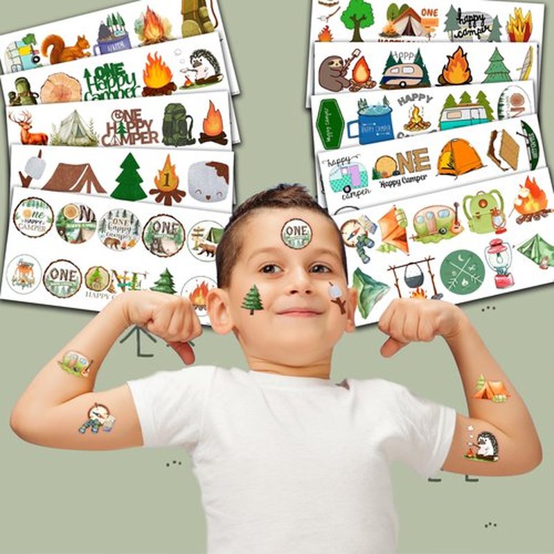 Cute Camper Temporary Tattoos Camping First Birthday Party Decorations Favors Supplies 1st Themed Stickers 10 Sheets 100 PCS Gifts for Baby Kids Girls Boys Decor Class School Carnival Christmas
