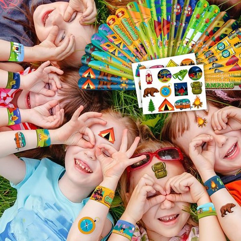 48 PCS Camping Party Favors 24PCS Tattoos Sticker 24PCS Slap Bracelets Wristbands Perfect for Camp Themed Birthday Baby Showers or Classroom Rewards Ideal Decor and Gifts for Girls and Boys