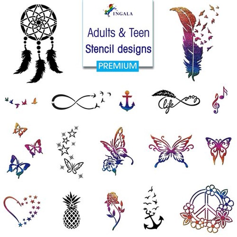 INGALA Premium Artistic Glitter Tattoo Set - 146 Unique Designs for Kids, Teens & Adults. Suitable for Henna, Airbrush & Face Painting