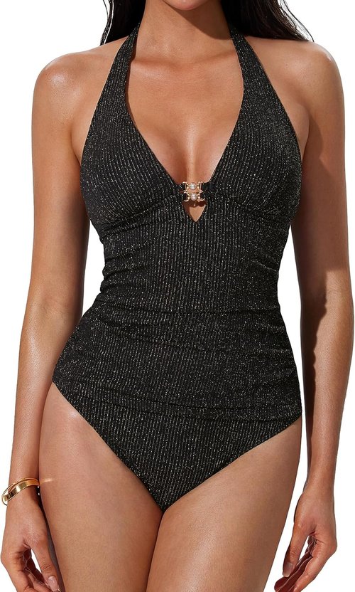 SUUKSESS Women’s High Waisted Tankini - Sexy Halter Tummy Control Backless Swimsuit