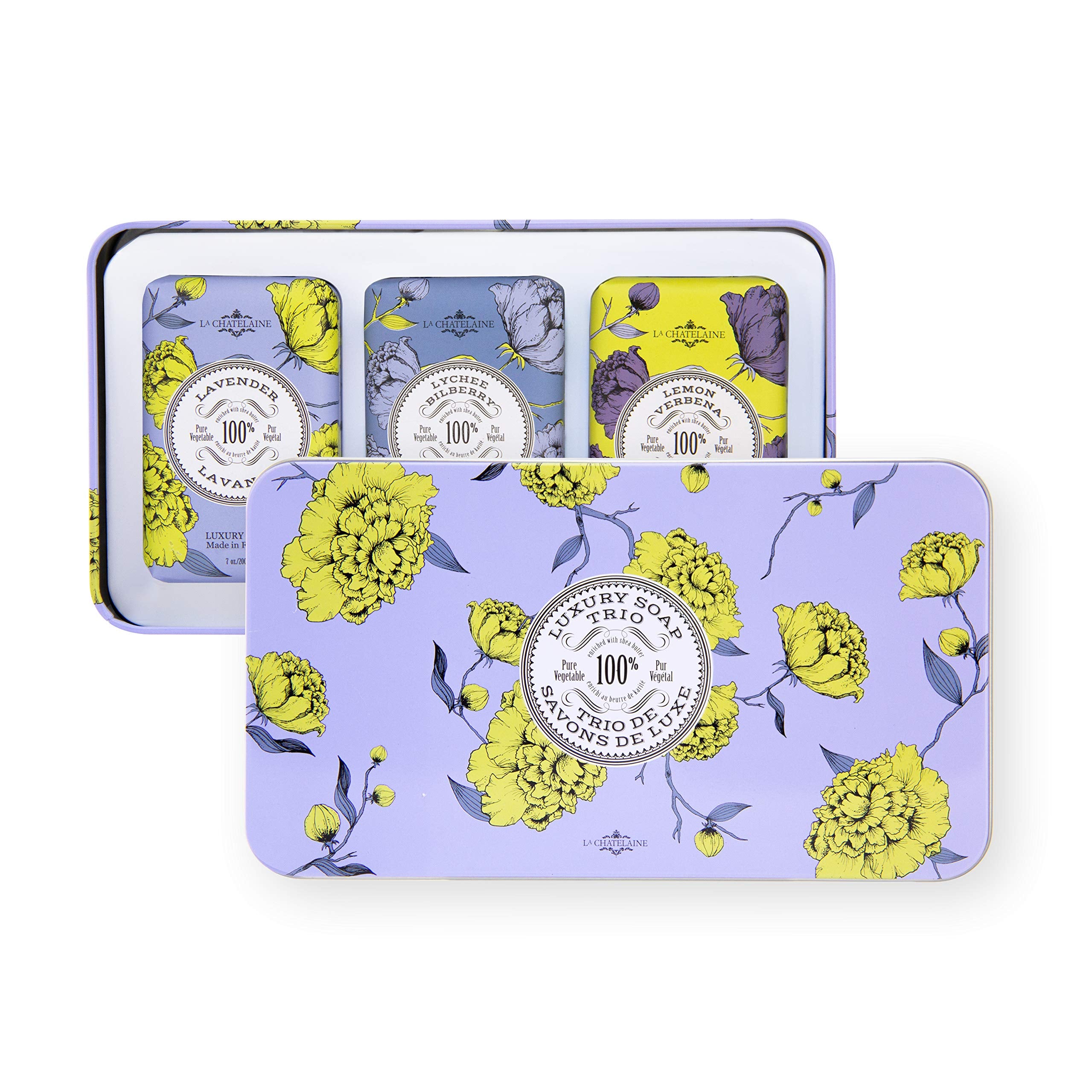La Chatelaine Luxury Bar Soap Trio Gift Set Tin | Made in France | Natural and Organic | Shea Butter Formula | 3 x 7 oz / 200g - Lavender Soap Trio (Lavender, Lychee Bilberry, Lemon Verbena)