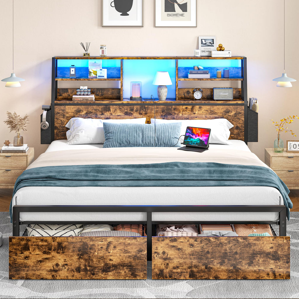 Homkdom Queen Bed Frame with 3-Tier Storage Headboard &2 Drawers,Noise-Free