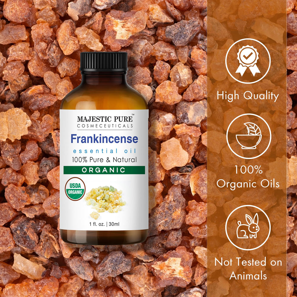 Majestic Pure Organic Frankincense Essential Oil with Glass Dropper - 1 Fl Oz - 100% Pure and Natural Frankincense Oil - Premium Grade Essential Oils for Diffuser, Aromatherapy, Soap and Candle Making