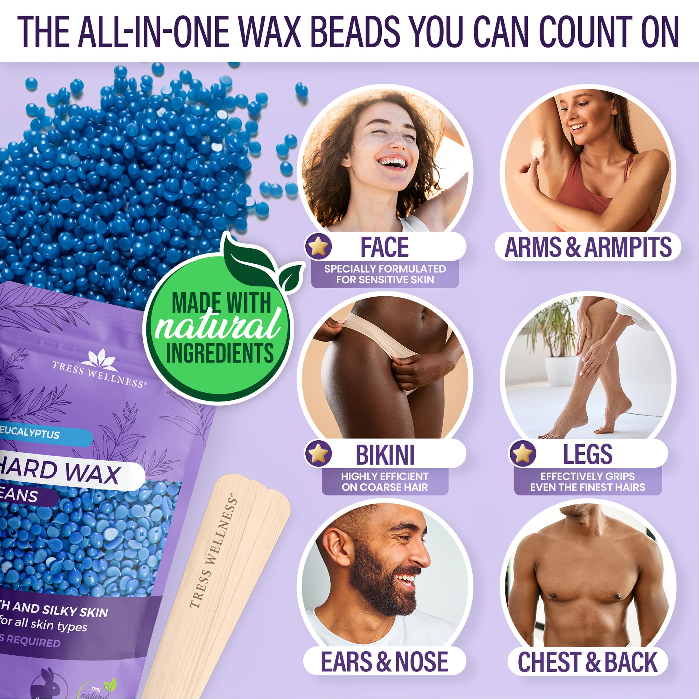 Tress Wellness Award Winning Waxing Kit for Sensitive Skin, Safe for Face & Skin, Easy to Use, At-Home Kit for Face, Bikini, Brazilian & Full Body - Digital Display, Black Purple Flower