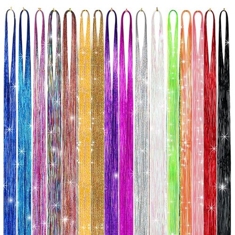 GTTUKK 4800+ Strands Hair Tinsel Kit with Tools, 16 Colors 48 Inch Fairy Hair Extensions, Heat Resistant Holographic Glitter Sparkle Strands with Silicone Beads, Pliers & Hook for Women Party