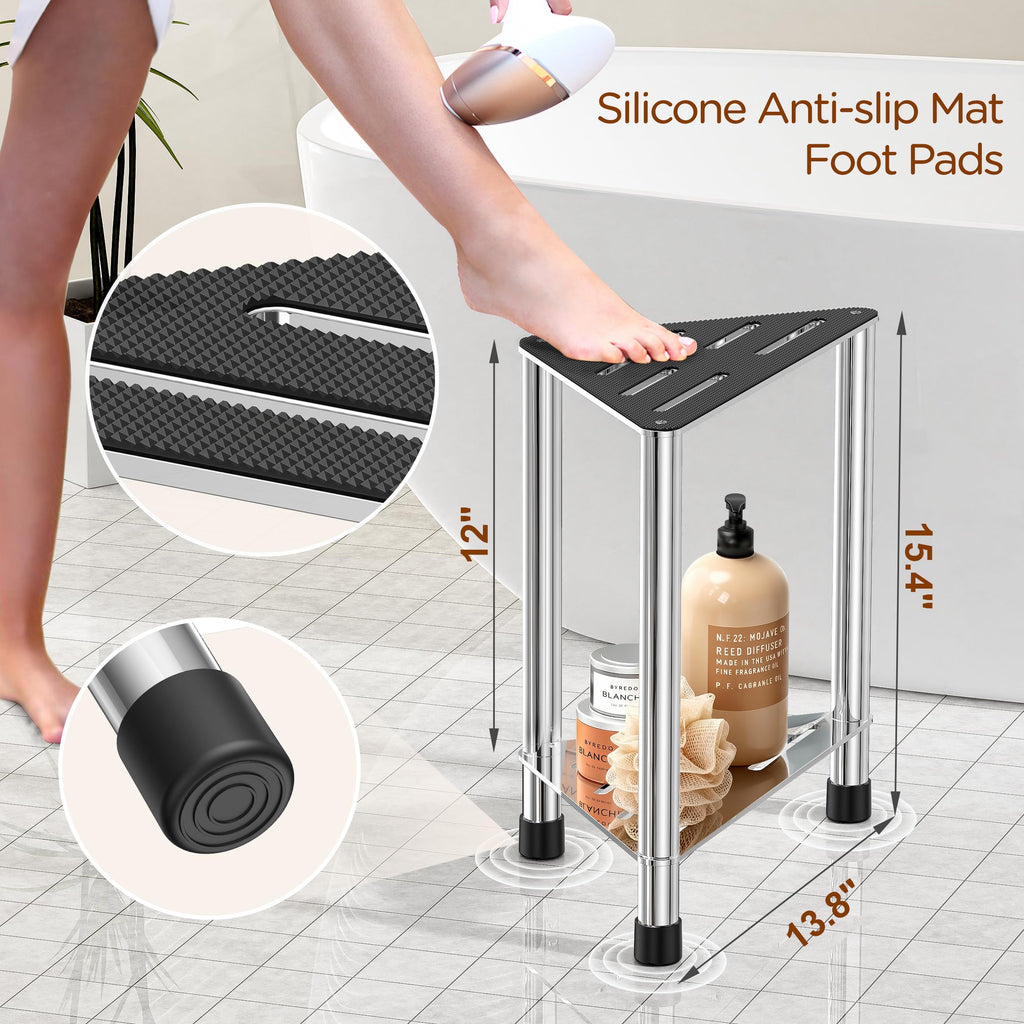 LarFaFa Upgrade Stainless Steel Shower Stool for Inside Shower, 15.4'' H Shower Foot Rest, Corner Shower Stool with Storage Shelf, Shower Step for Shaving Legs, Bathroom Corner Shower Bench, Silver
