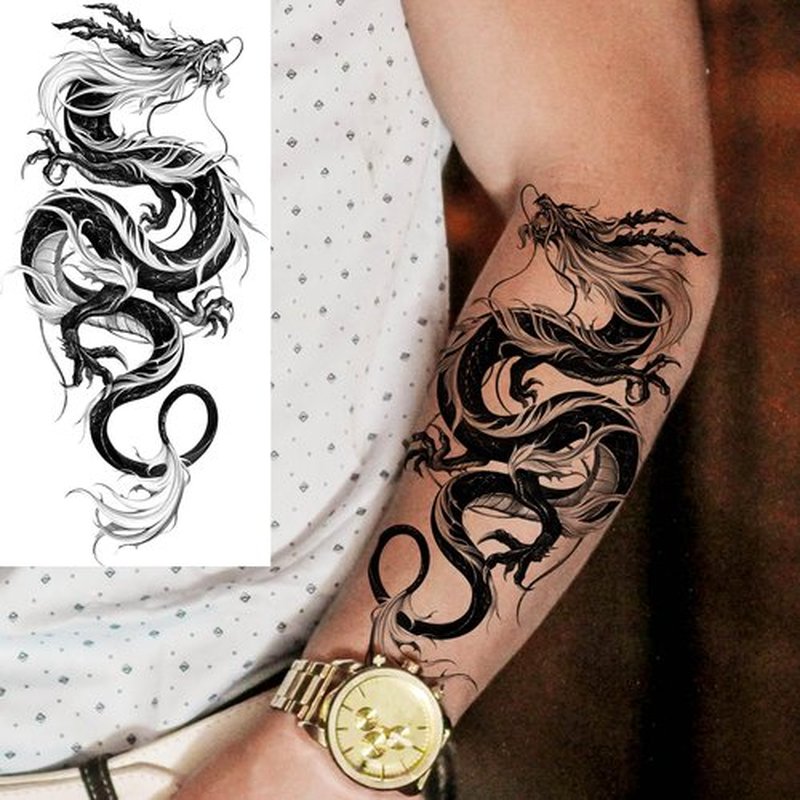 TASROI 8 Sheets Cool Dragon Temporary Tattoos For Men Women Adults, Black Realistic Dragon Tattoo Sticker Half Arm Sleeve, Waterproof Tribal Totem Fake Tattoos That Look Real and Long Lasting Set Kit