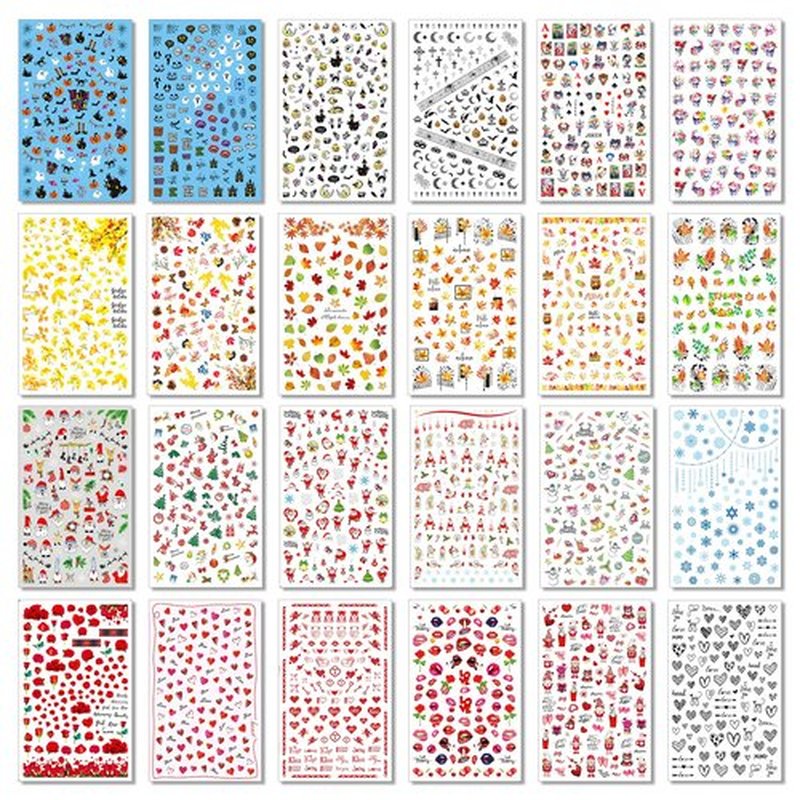 TailaiMei 24 Sheet All Holidays Nail Art Stickers, Christmas Valentine's Day Mixed Seasons Variety Pack for Halloween Fall Nail Decals, Self-Adhesive Design Thanksgiving Nail Decorations (Classical)