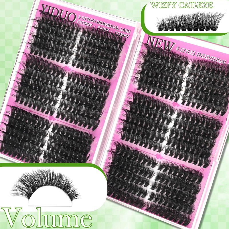 YIDUO 6 Box Mix Lashes Clusters Kit Gift Packs 1686Pcs with 2X Bond&Seal Volume Mega/Bottom Soft Extension False Eyelash D Curl Wispy Natural DIY Individual Fake Eyelashes for Beginners Bulk Pack