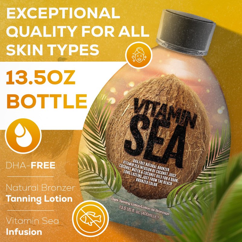 Vitamin Sea Natural Bronzer Tanning Lotion with Coconut Oil, DHA-Free for Sensitive Skin, Streak-Free Bronzing Accelerator 13.5oz - Safe for Indoor Tanning Beds