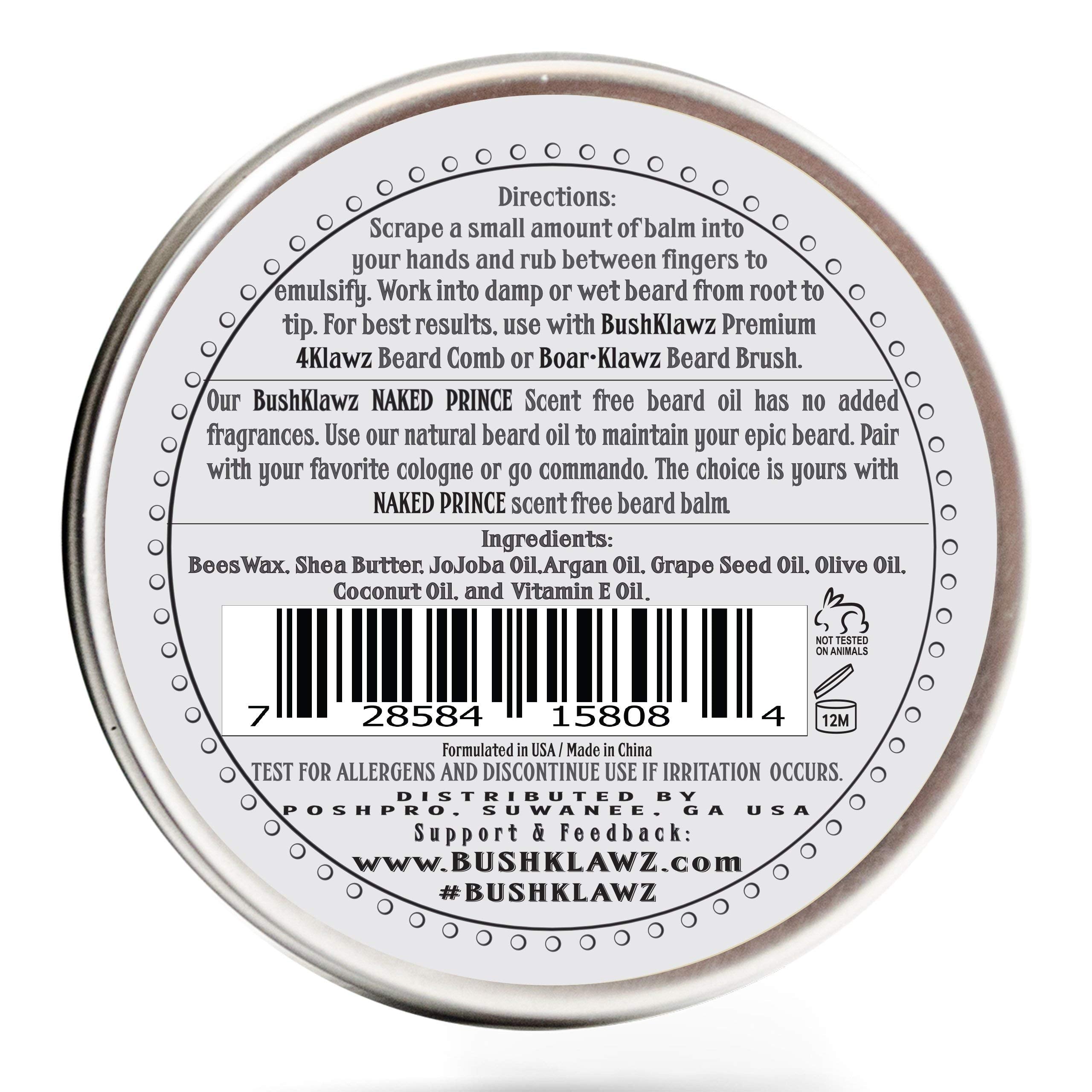 Naked Prince Scent Free All Natural Beard Balm Leave in Conditioner Beard Butter Moisturizer Premium Scentless Fragrance-Free Great for Hunters - Best Leave in Conditioner Balm for Bearded Men