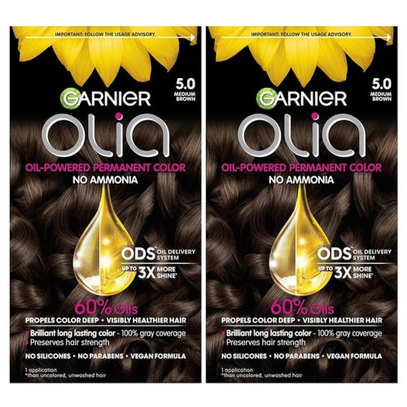 Garnier Olia Hair Color - Ammonia-Free Permanent Dye for 100% Gray Coverage | 5.0 Medium Brown, 2 Count