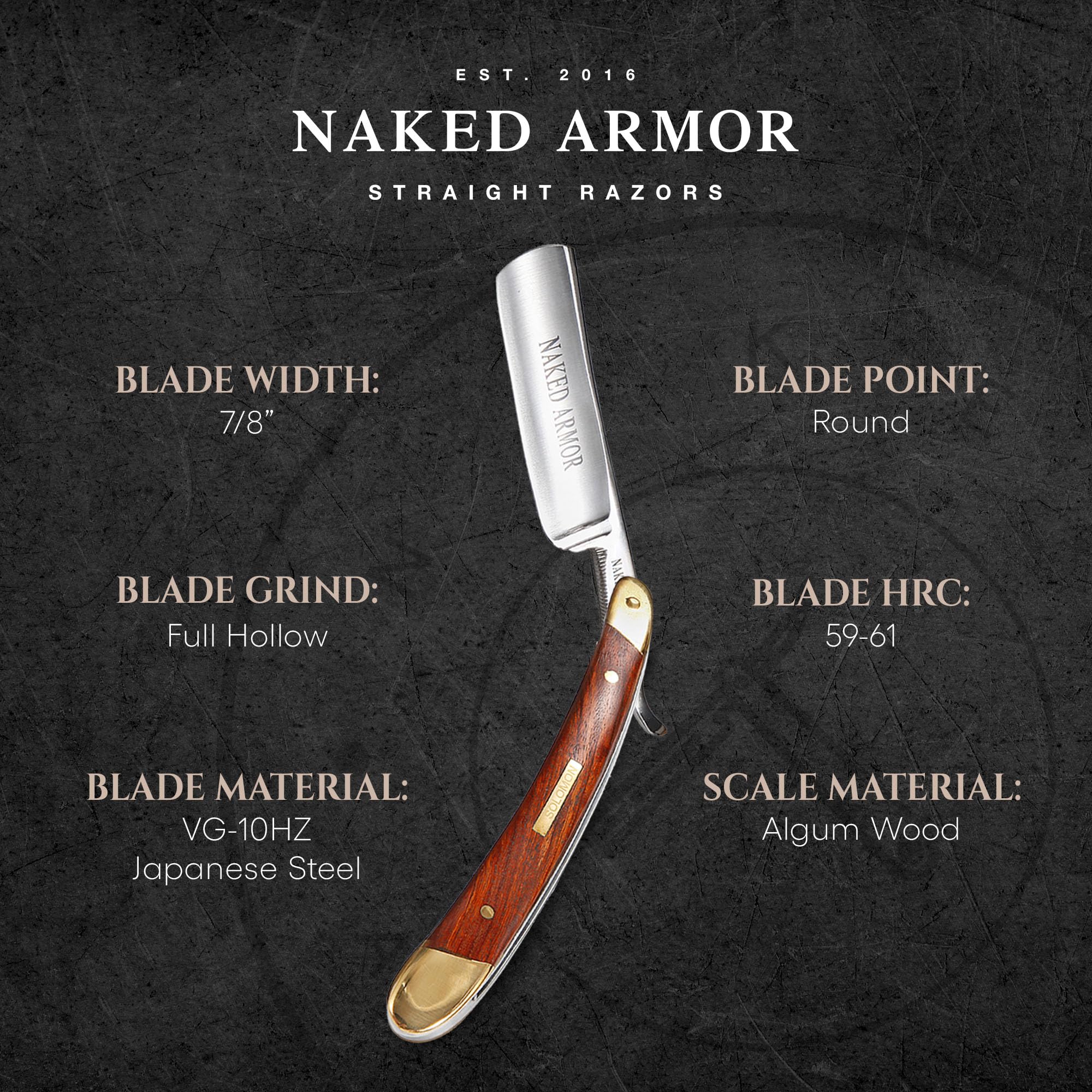 Naked Armor Solomon Straight Razor Kit - Professional Shave Ready Straight Razor Shaving Kit for Men - Japanese Carbon Steel Straight Edge Razor with Brush, Strop & Soap in Wood Gift Box (Brown)