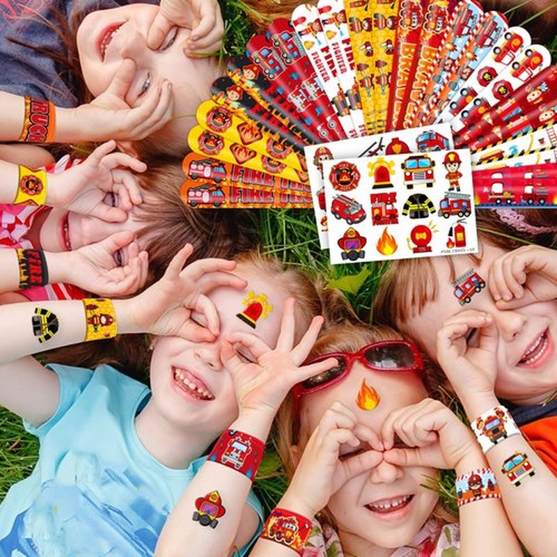 48PCS Fire Truck Party Set - 24PCS Temporary Tattoos & 24PCS Slap Bracelets - Firefighter-Themed Birthday Supplies, Baby Shower Gifts, Classroom Rewards & Party Decor for Kids (Boys & Girls)
