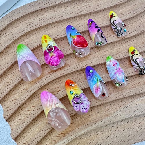 LBPEPAMZ 24Pcs Colorful Flower Press on Nails Medium Almond Fake Nails with 3D Water Drop Rhinestones Design Yellow Blue Ombre French Tip False Nails Summer Spring Acrylic Stick on Nails for Women