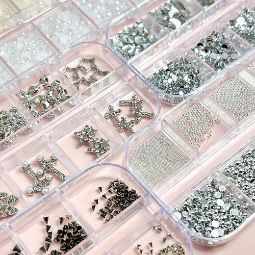 Silver Nail Charms Y2K Kit, 5 Boxes 3D Nail Charms and Gems Rhinestones for Nail Art Accessories, Silver Piercing Cross Charms for Nails Design Star, Flatback Pearls Caviar Beads for Nails Decor