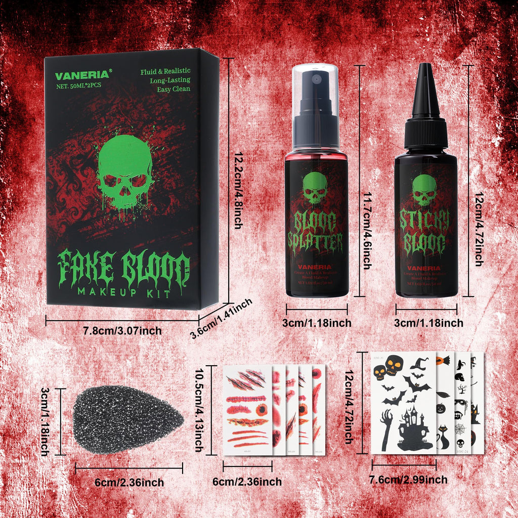 Vaneria Halloween Fake Blood Makeup Kit,Realistic Washable SFX Makeup with 50ml Blood Splatter, 50ml Sticky Blood, Sponge,4 Fake Scars & 4 Fluorescent Tattoo Stickers for Zombie, Vampire Cosplay