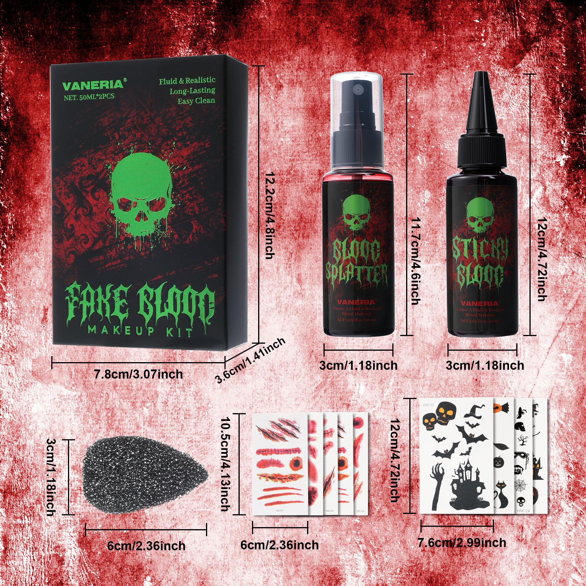 Vaneria Halloween Fake Blood Makeup Kit,Realistic Washable SFX Makeup with 50ml Blood Splatter, 50ml Sticky Blood, Sponge,4 Fake Scars & 4 Fluorescent Tattoo Stickers for Zombie, Vampire Cosplay