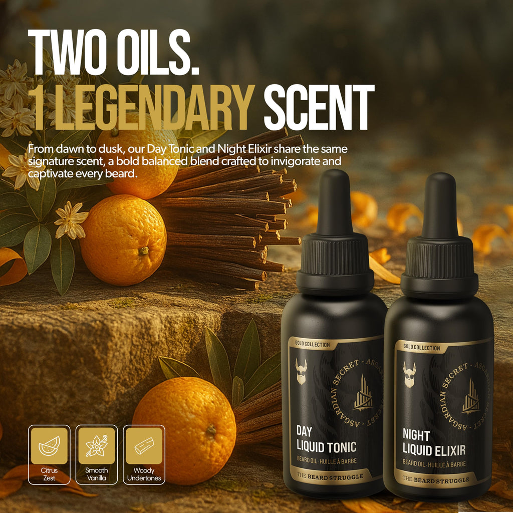 The Beard Struggle Tonic + Elixir Beard Oil Bundle - Gold Collection - Grooming Beard Oil - Softens, Moisturizers, and Strengthens Beard Growth - Pack of 2, Asgardian Secret