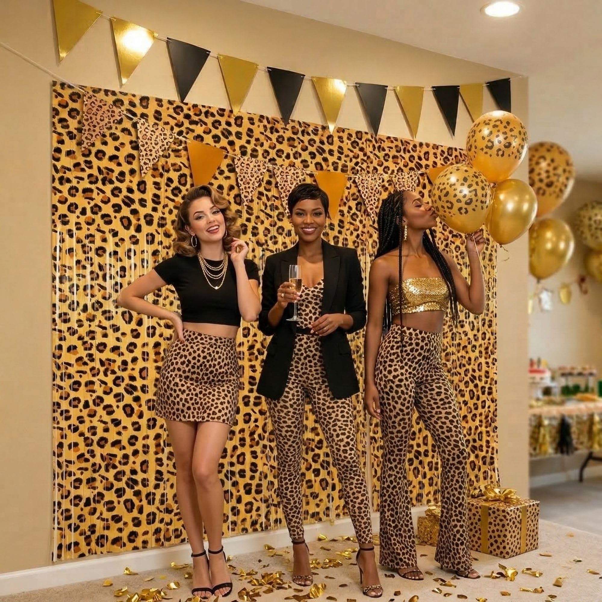 Vagilelf 2 Pack Cheetah Print Birthday Decorations, Leopard Party Decorations, Jungle Safari Bachelorette Foil Backdrop 3.3×6.6ft Thickened Fringe Curtains for Photo Booth & Party Entrance