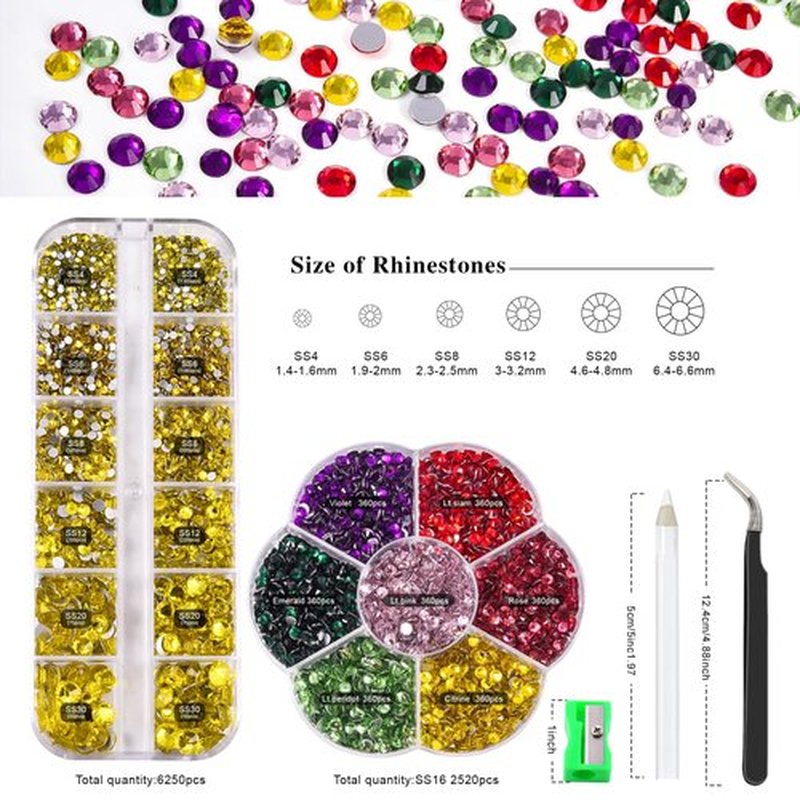 Blinginbox 2 Boxes of Flatback Rhinestones Nail Gems, Round Glass Gems for DIY Clothes Shoes, Non Hotfix Rhinestones, 8870pcs Mixed Sizes from 1.4mm to 6.6mm (Lemon Yellow)…