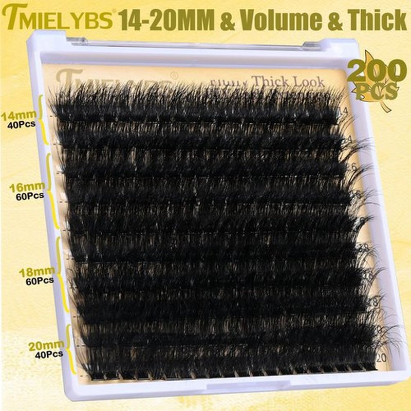 Thick Lash Clusters Kit 14-20mm Volume Cluster Eyelash Extensions D Curly 200D Individual Lashes 200Pcs Wispy Eyelashes Clusters Kit with Bond&Seal, Tweezers, Waterproof Soft DIY at Home, by TMIELYBS
