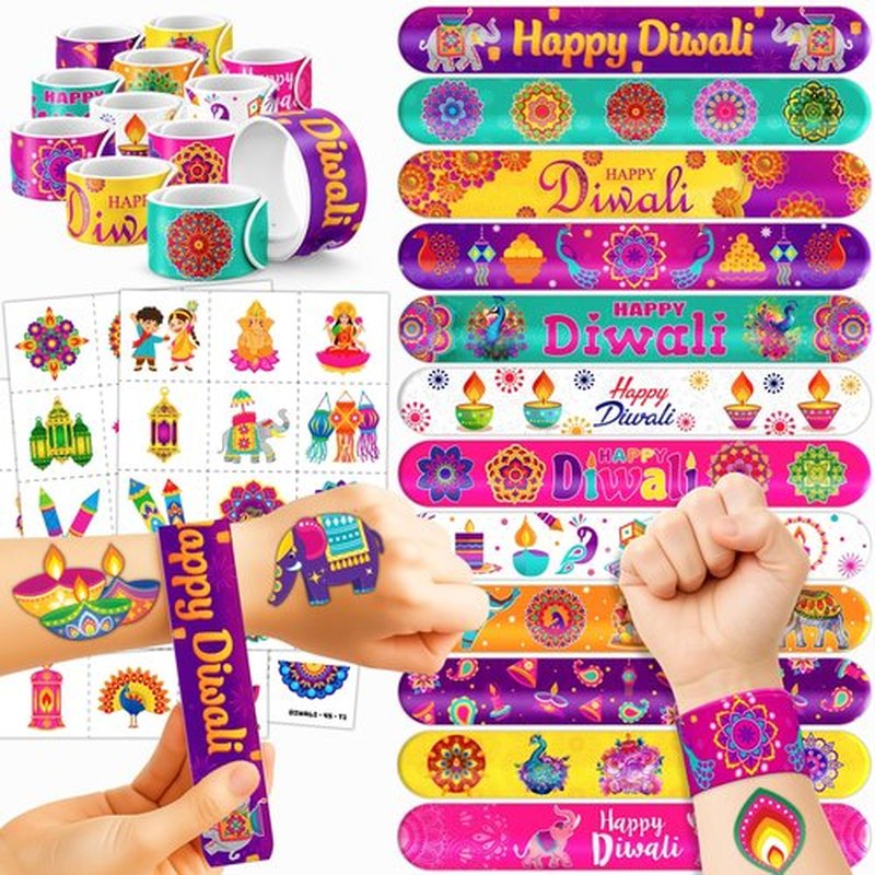 Cherisnowy 72PCS Diwali Party Set - 48PCS Temporary Tattoos & 24PCS Slap Bracelets - Festival Happy Indian -Themed Birthday Supplies, Baby Shower Gifts, Classroom Rewards & Party Decor for Kids
